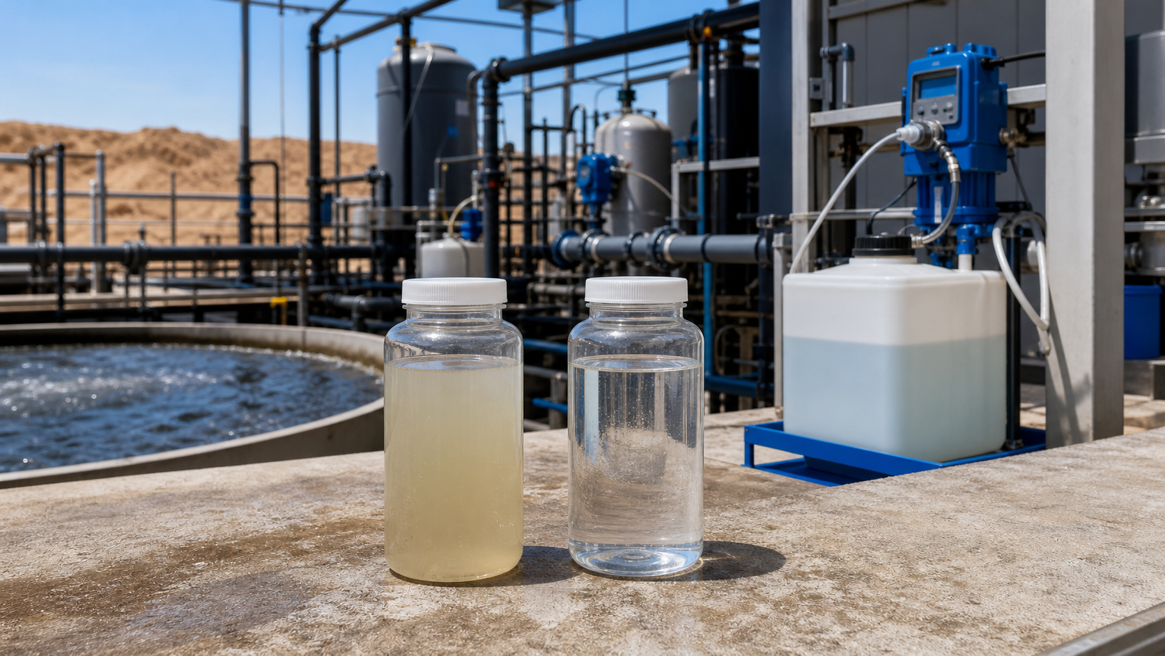 Produced water clarification samples showing cloudy raw water and clearer treated water near polymer dosing equipment