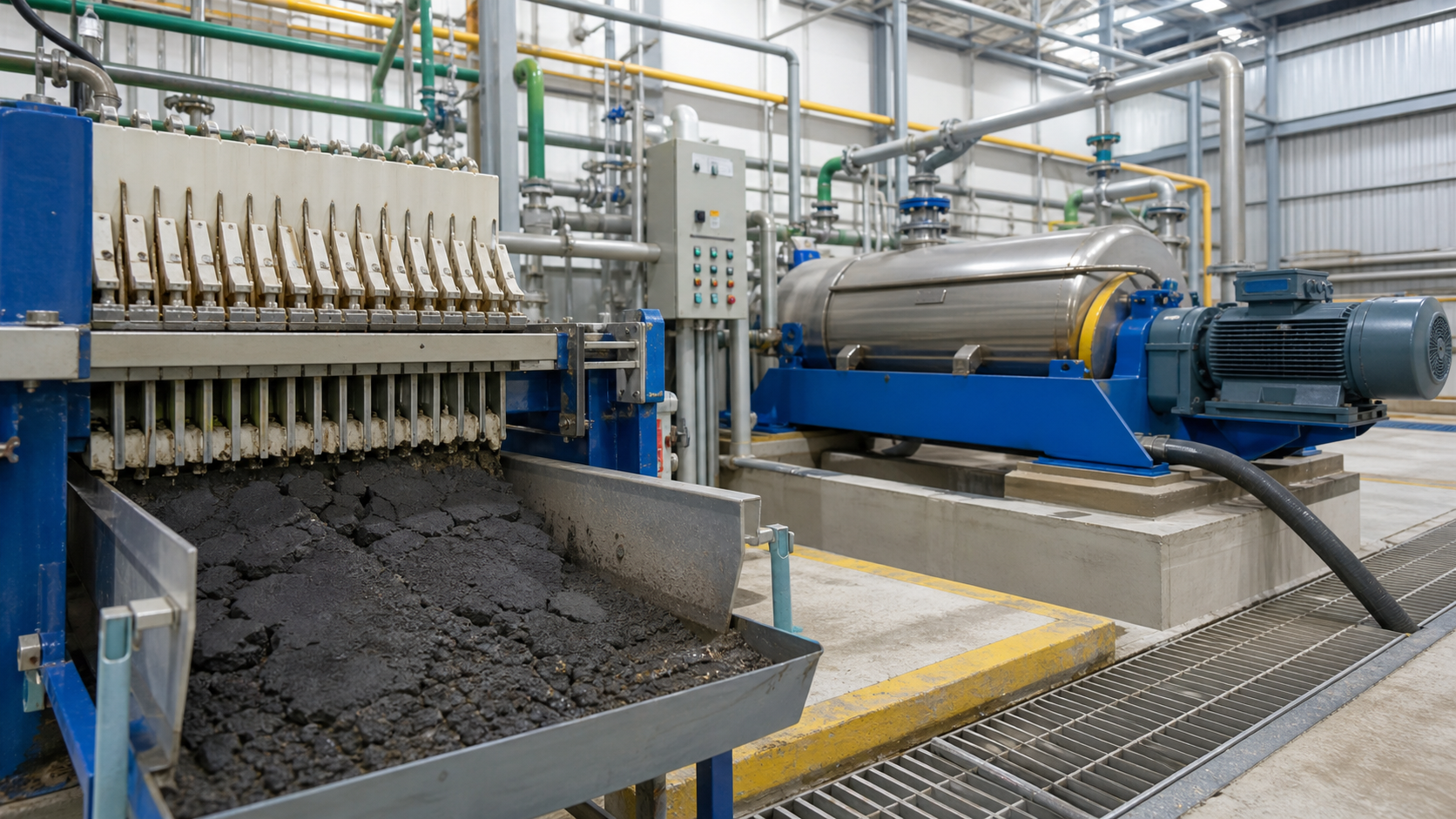 Filter press and centrifuge equipment used for CPAM sludge dewatering in an industrial water treatment plant