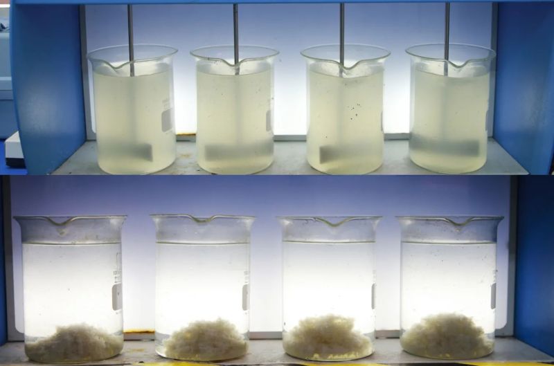 Jar test showing different CPAM dosage levels in high-TDS Permian water
