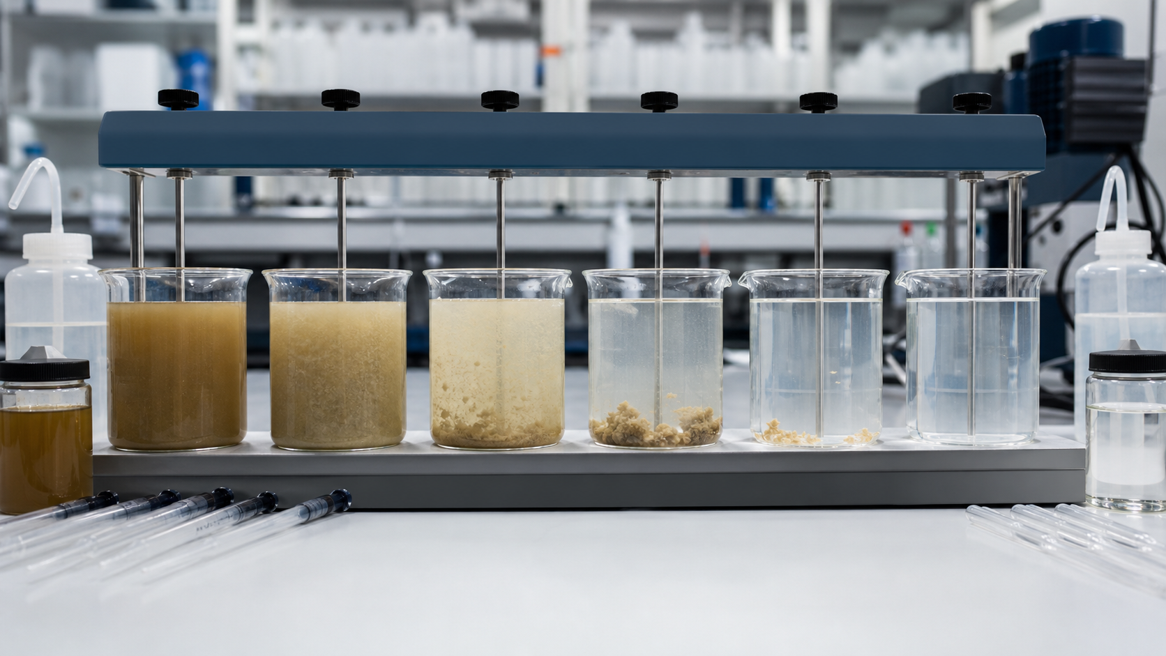 Laboratory jar test setup showing different flocculation results for polyacrylamide dosing trials